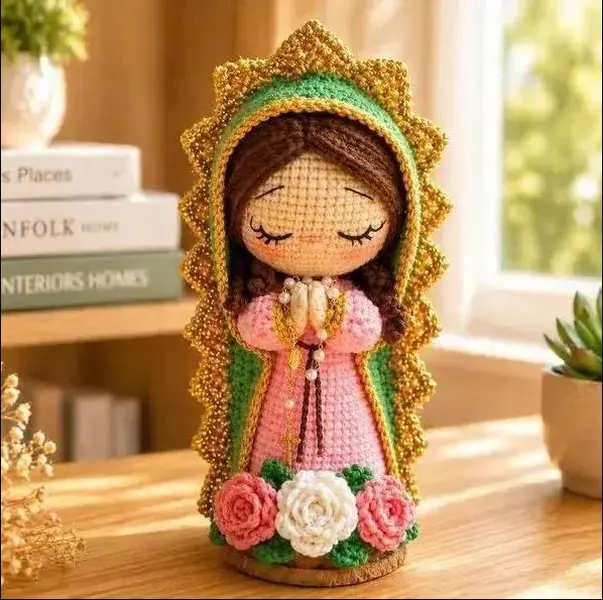 Crochet Our Lady of Guadalupe Doll, Handmade Virgin Mary Plush Figurine with Roses, Catholic Religious Gift, Blessed Mother Home Altar Decor