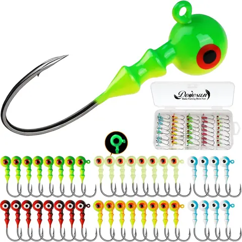 Dovesun Painted Glowing Fishing Jig Heads Tackle - 15-40PCS Artificial Lures with 3D Glowing Eyes, 1/32oz to 1/2oz Weights, Saltwater/Fresh Trolling/Casting Accessory for Walleye