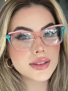 Women's Preppy Style Cat Eye Glasses Frame, Lightweight Durable Glasses, Color Block Design, Fashion for All Seasons, Student-Friendly Frames