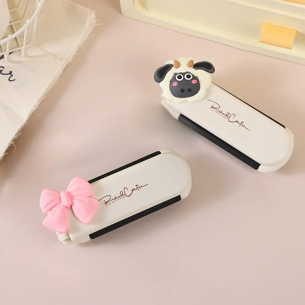Travel Size Folding Hair Brush & Mirror Set - 2PCS Mini Anti-Static Airbag Comb, Cute Cartoon Compact Hairbrush for Purse, Handbag, Car, Office