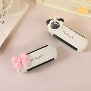 Travel Size Folding Hair Brush & Mirror Set - 2PCS Mini Anti-Static Airbag Comb, Cute Cartoon Compact Hairbrush for Purse, Handbag, Car, Office