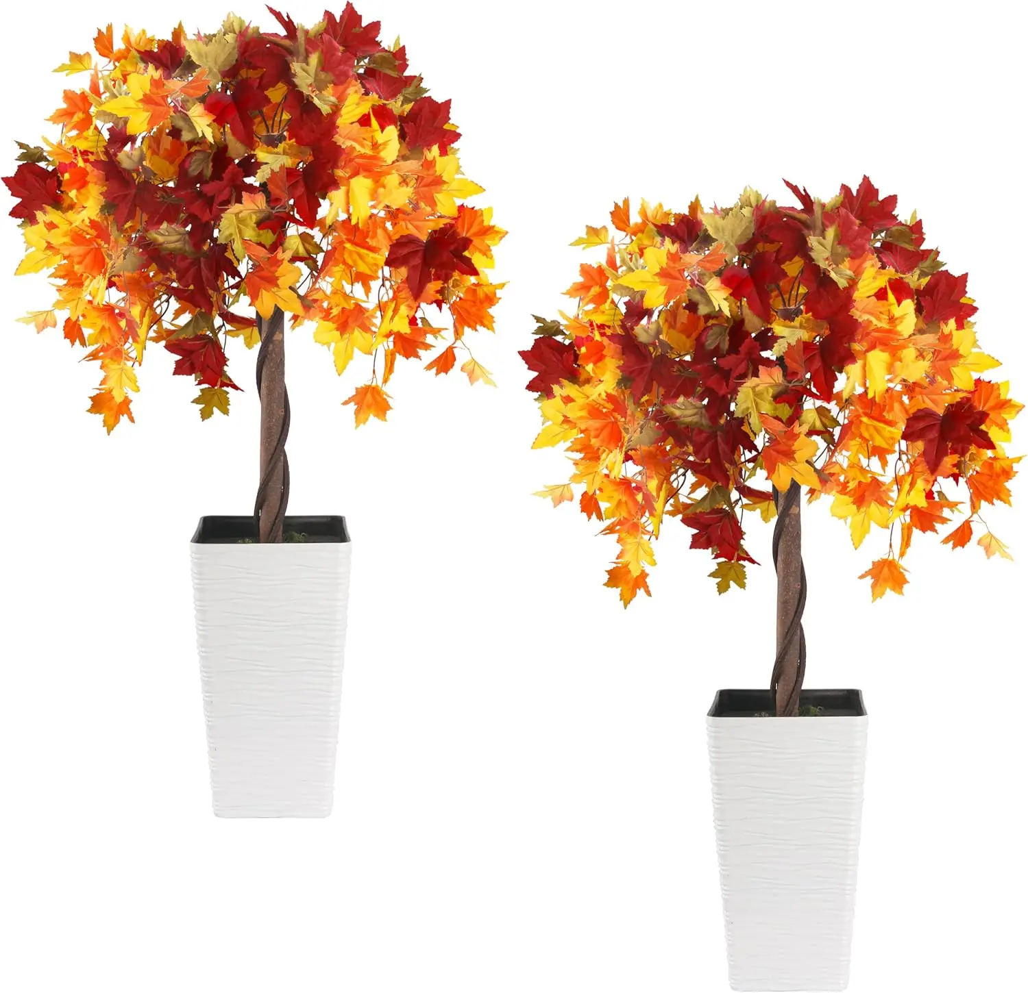 2-Pack 4ft (40 to 49 in) Durable Floor Artificial Maple Leaf Trees, Waterproof Plastic Plants with Wavy Cement-Filled Pots, Stylish Home Decor Faux Topiary for Indoor-Outdoor Use, Halloween/Thanksgiving Gift, Harvest