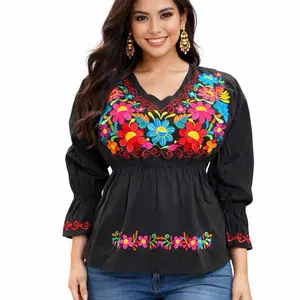 Andrea Blouse - 3/4 Sleeve Embroidered Mexican Blouse with Vibrant Floral Embroidery Flared Sleeves in Cotton Material Made in Mexico - Shirts, Top
