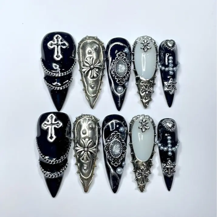 Handmade Press On Nails | Silver Chrome Hearts Style Art | Y2K Emo Punk Black & Silver False Nails | Luxury Long Almond Cyberpunk Glue Ons