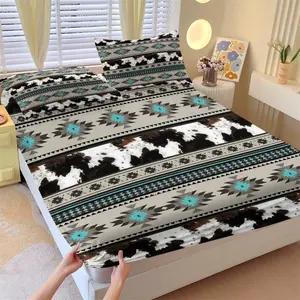 3Pcs Western Aztec Cow Print Fitted Sheet Set with 2 Pillowcases, Southwestern Turquoise Geometric Deep Pocket Elastic Mattress Cover, Boho Cowhide Tribal Bedding, Soft Microfiber Non-slip Bedspread for Bedroom Decor Bedset