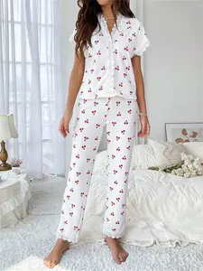 Women's Cherry Hearts Print Lace-Trim Slim-Fit Shortsleeve Pyjamas Set, Breathable Soft Thin Fabric Machine-Washable Loungewear, Plus-Size Casual Nightwear for All Seasons