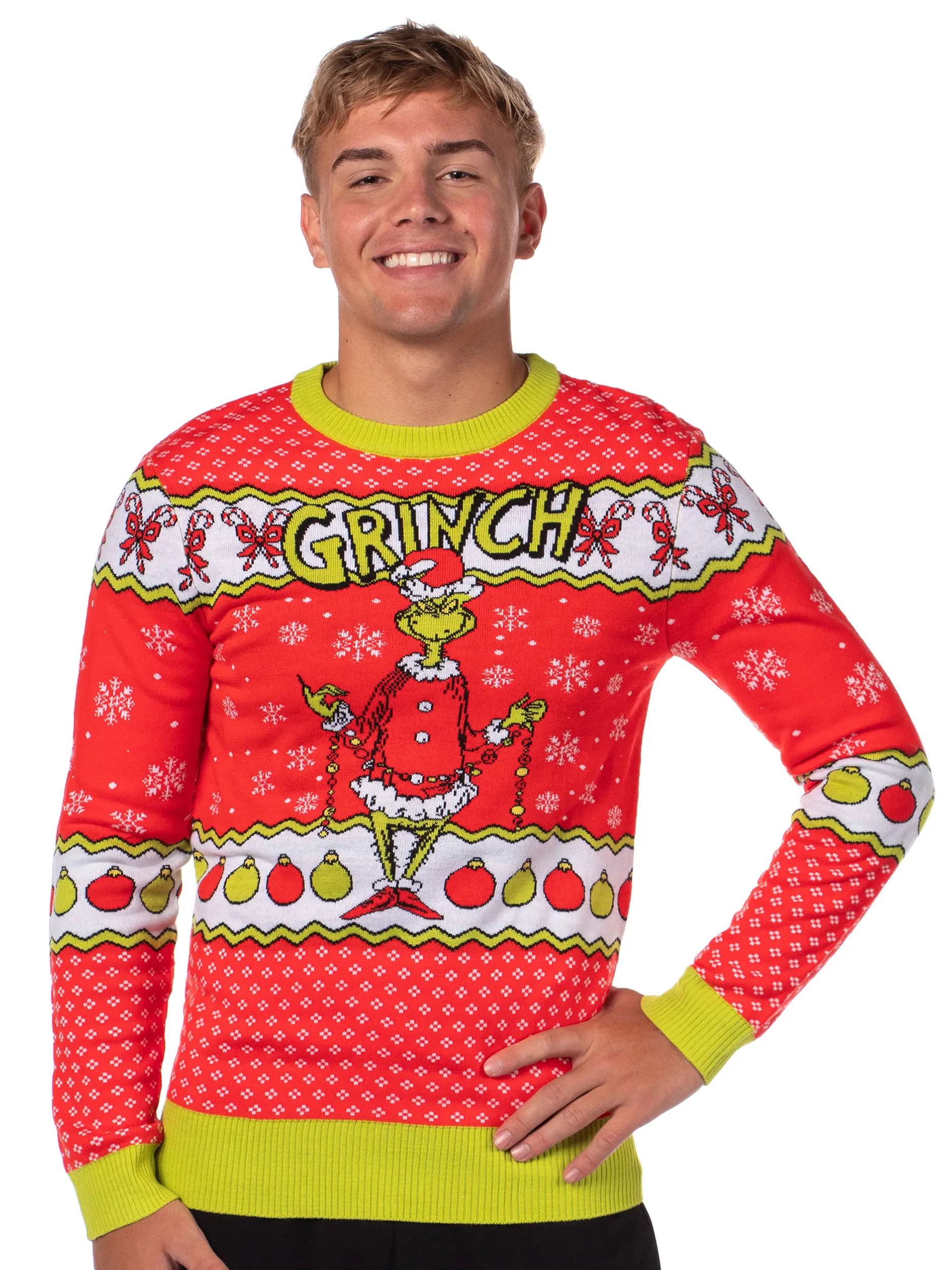 Dr. Seuss' The Grinch Men's Ugly Christmas Sweater, Festive Soft Knit Pullover with a Fair Isle Snowflake Pattern, Top, Menswear