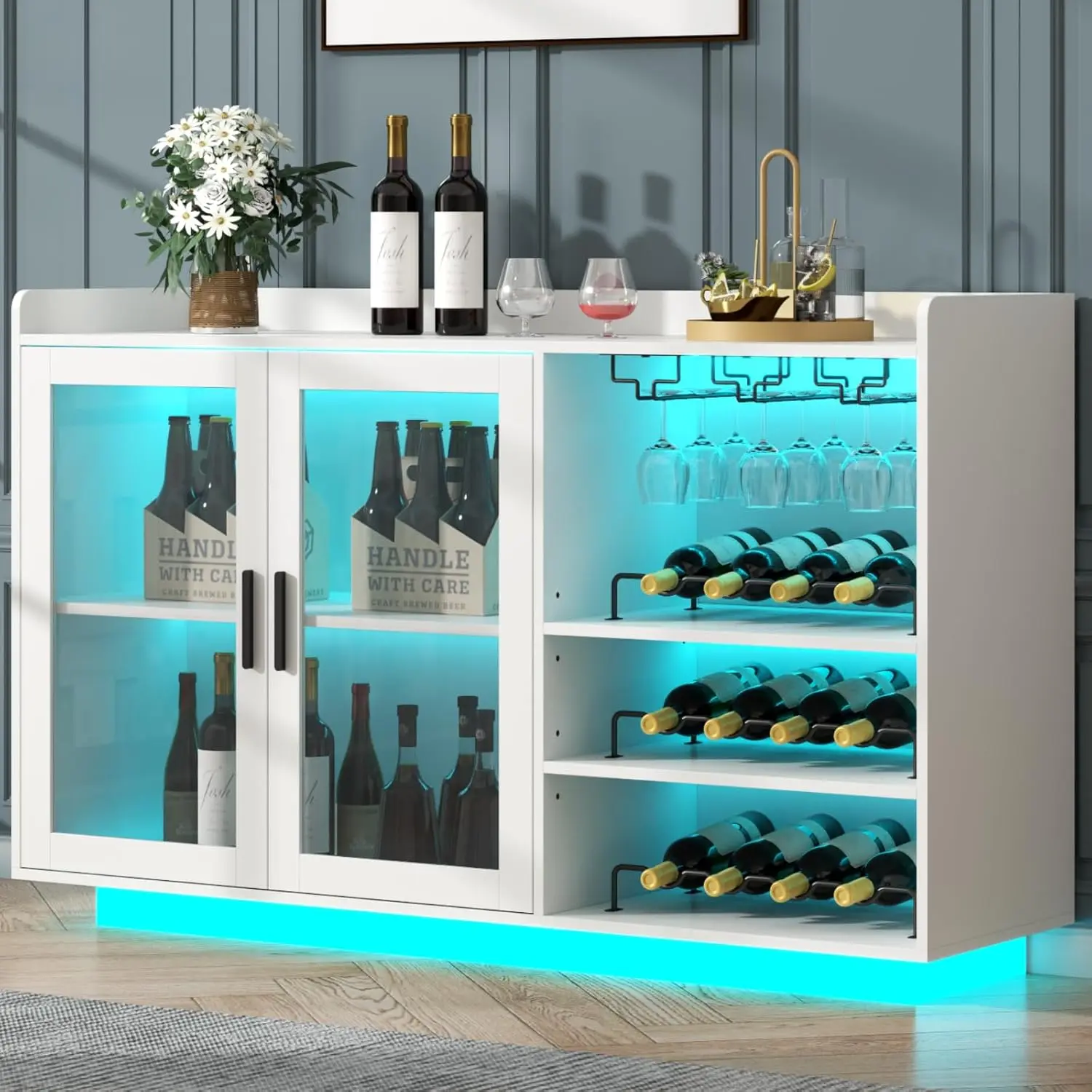 Gyfimoie Wine Bar Cabinet with LED Lights, Floating Coffee Bar with Glass Rack and Removable Wine Racks, Modern Buffet Sideboard with Storage Shelves and Glass Door