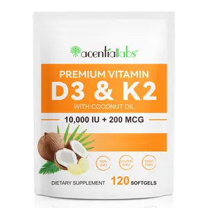 【live】Acentiallabs Vitamin D3 10000 Iu Plus K2 200 mcg, 300 Virgin Coconut Oil Softgels| 2 in 1 Vitamins D & K Complex