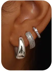 3Pairs Small 14K Gold Plated Chunky Hoop Earrings for Women Hypoallergenic Silver Earrings Set for Sensitive Ears Non Tarnish Huggie Hoops Earring Stacks for Multiple Piercing Stud Earrings Jewelry Lightweight