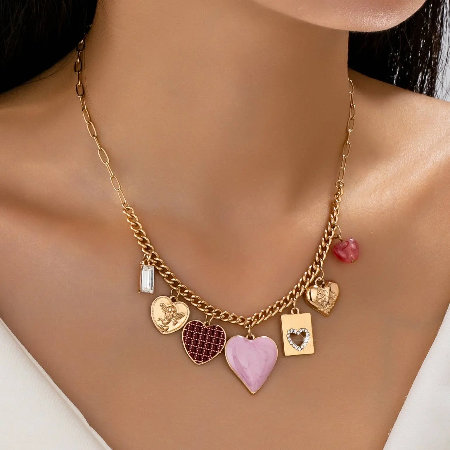 CHARM NECKLACE-HEARTS CHECKER RHINESTONE