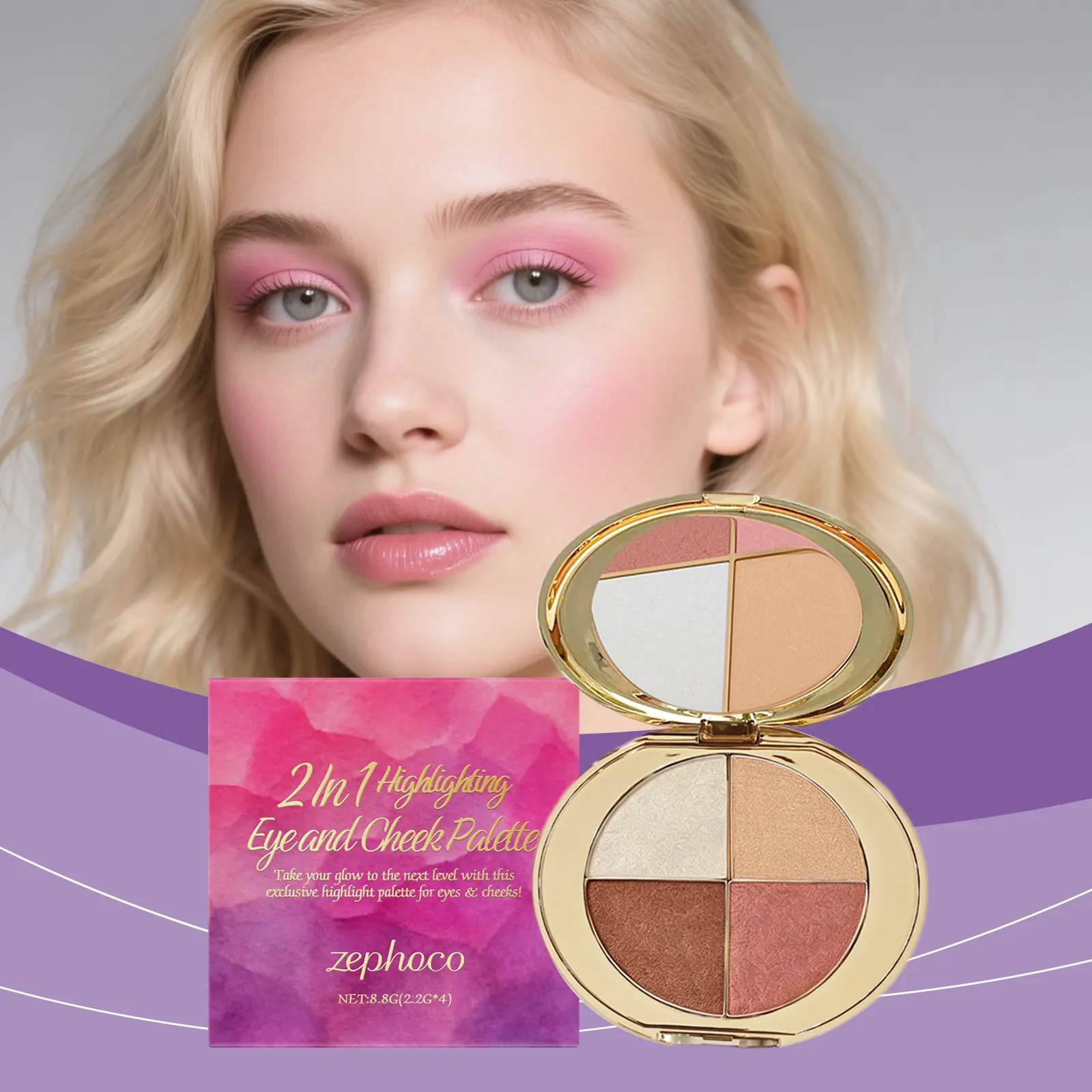 Highlighter Eyeshadow Blush Palette, Natural Makeup, Diamond Texture, Multi-Purpose, Portable for Everyday Use, Essential Cosmetics for Beginners powder shimmer face multi-use color