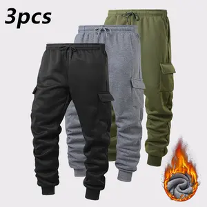 3 Pack - Men's Fashion Fleece Lined Warm Casual Pants, Solid Color Multi-Pocket Sports Cargo Pants, Comfortable Breathable Fabric, Suitable for Autumn Winter Daily Life, Running Workouts, Outdoor Activities