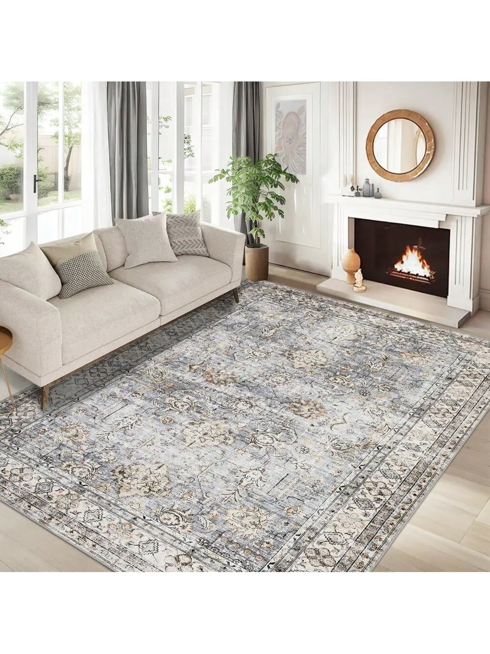 9x12 ft Vintage Polyester Fiber Indoor Area Rug - Distressed Floral Print, Non-Slip, Non-Shedding, Neutral Low-Pile, Stain-Resistant, Foldable Carpet for Living Room, Bedroom & Room Decor
