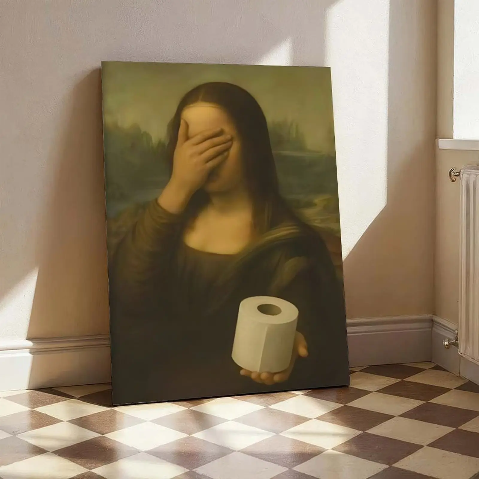 Mona Lisa Parody Wall Art Print - Artistic Retro Humorous Canvas Painting, Unusual Creative Decoration for Bathroom & Kitchen, Art Work for Wall Decor, Room Decor