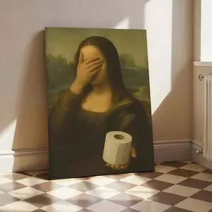 Mona Lisa Parody Whimsical Decorative Print - Unusual Design Retro Humorous Canvas Art, Funny Creative Bathroom Decor for Bathroom & Kitchen Decoration, Whimsical Decorative Prints