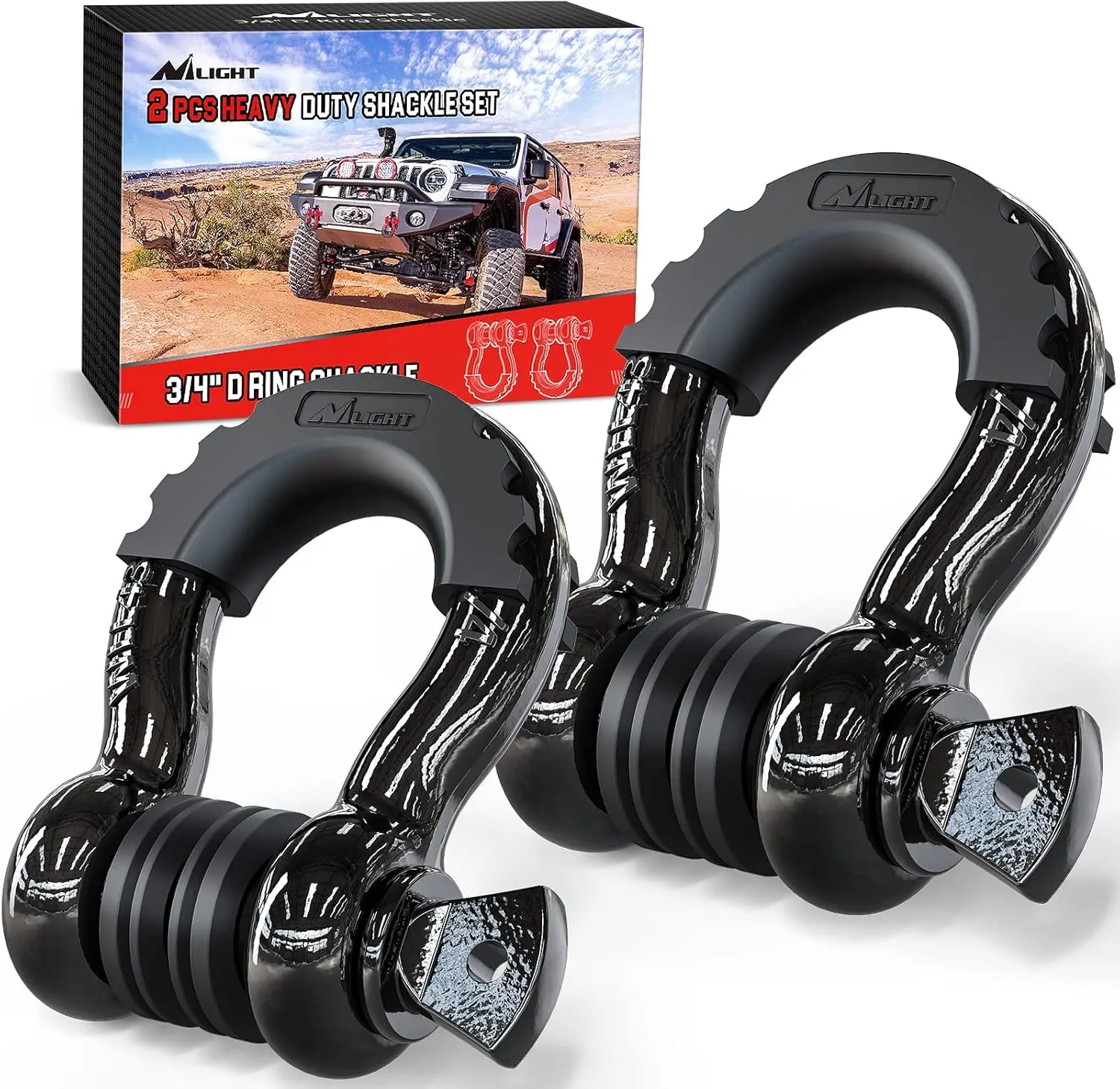 Nilight 2-Pack Heavy-Duty 3/4" D-Ring Shackles with 7/8" Pin, 9500 lbs Cap Tow Hook, Includes Isolators & Washer Kit, Compatible with Tow Strap, Tree Savers, Snatch Blocks, for Jeeps, Trucks, ATV, Car Accessories