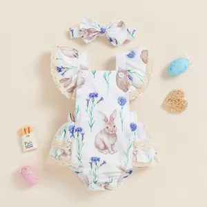 Imcute Infant Baby Girl Easter Romper Outfits Square Neck Fly Sleeve Bunny Print Romper Headband Infant Toddler Easter Bodysuit Clothes Set
