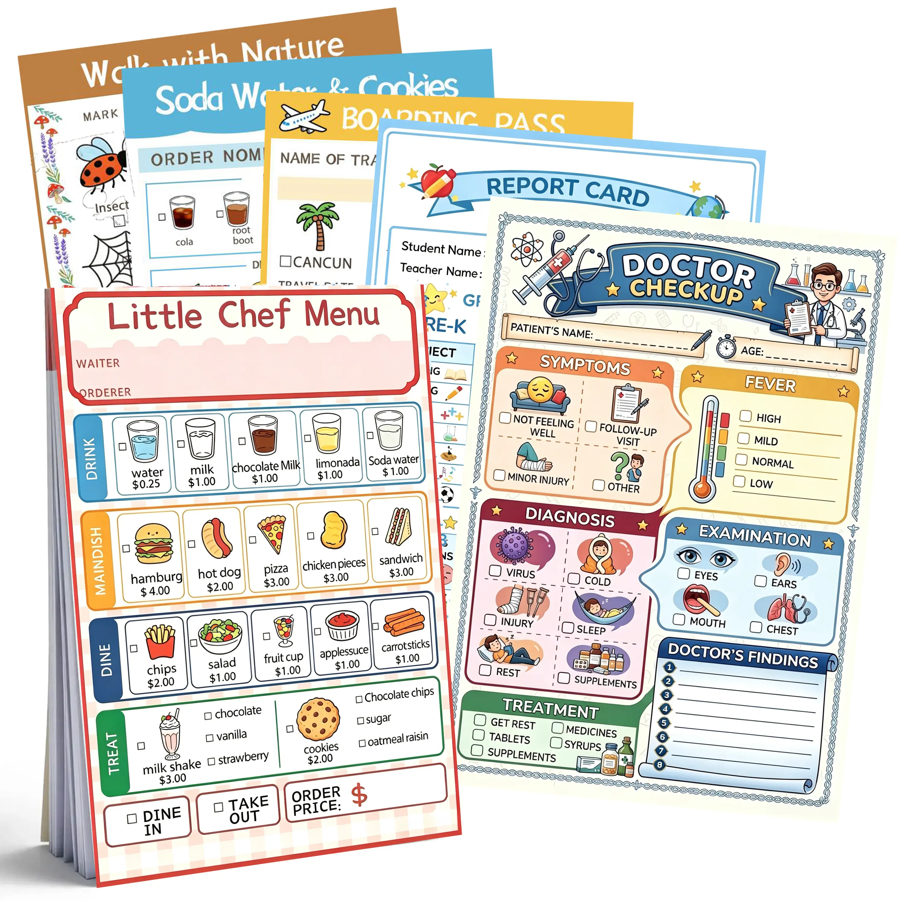 6 Pack Kids Play Pads - 40 Pages Each Kids Pretend Play Notepads of Restaurant, Doctor, Boarding Pass, Report Card, Classroom and Police Pad，Nature and Beverages Collection for Imaginative Role Play playtime note pads
