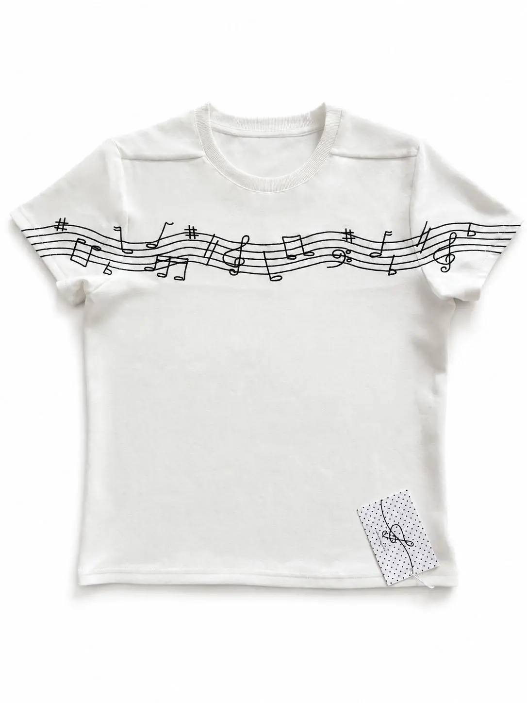 Unisex Wave Music Note Embroidered T-Shirt, Slim Fit Set-In Shoulder Short Sleeve Tee for Summer Streetwear, Casual Outfits and Everyday Styling # embroidered graphic tee # slim fit t shirt # unisex streetwear# short sleeve crew neck top