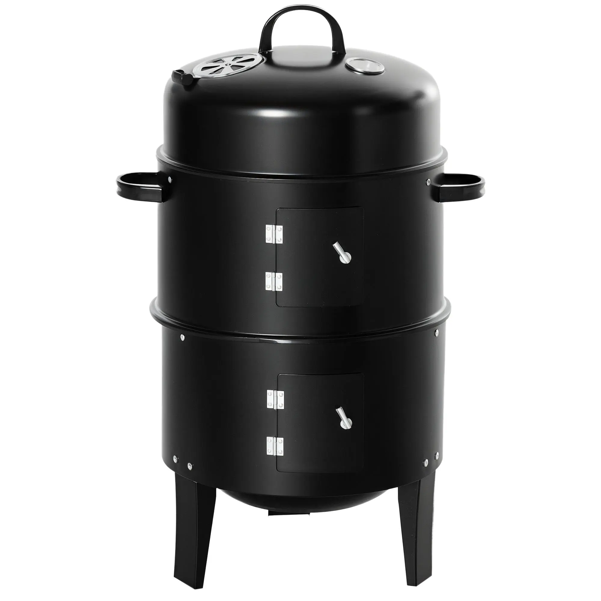 Outsunny 3-in-1 Convertible Grill Combination Barbecue-Smokers - 16-in Round Stainless Steel BBQ Grill, 2 Cooking Racks, Handles, Thermometer, Wood-Compatible for Outdoor Camping, Backyard Meat Grilling, Black