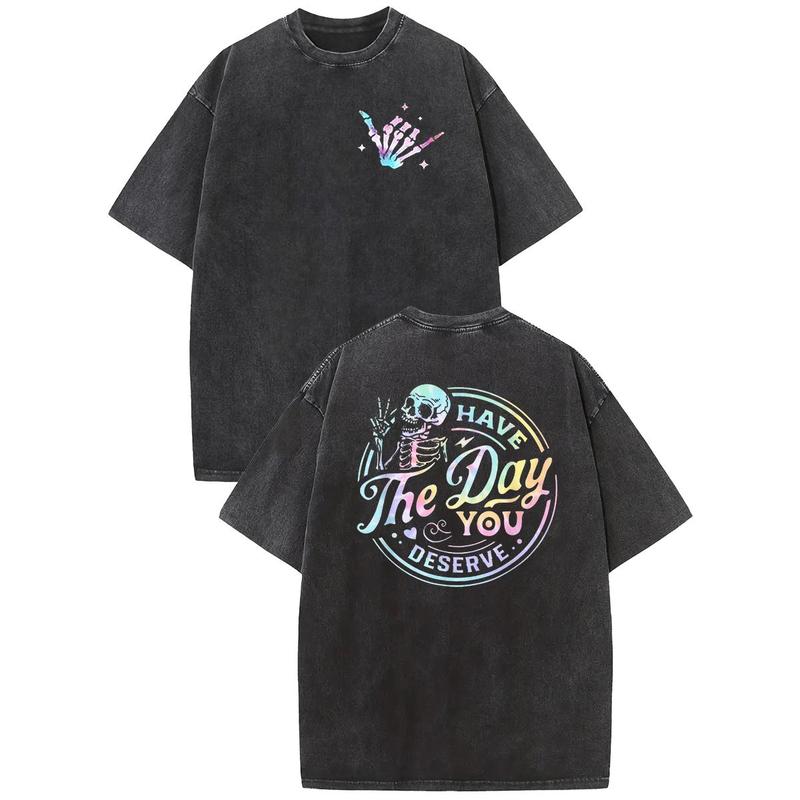 Men's Light Short-Sleeve Oversize Acid Wash Vintage Skeleton Pattern T-Shirt - Casual Streetwear, Sarcastic Quote Top, Motivational Gift, Comfortable Cotton Tee