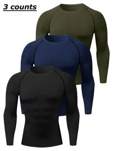 Men's 3pcs Solid Round Neck Raglan Sleeve Sports Tee, Quick Drying Breathable Long Sleeve T-shirt, Crew Neck Tight-fitting Tee Shirts for Men, Sportswear for Indoor Outdoor Wear, Breathable Sports Top, Athletic Compression Shirts