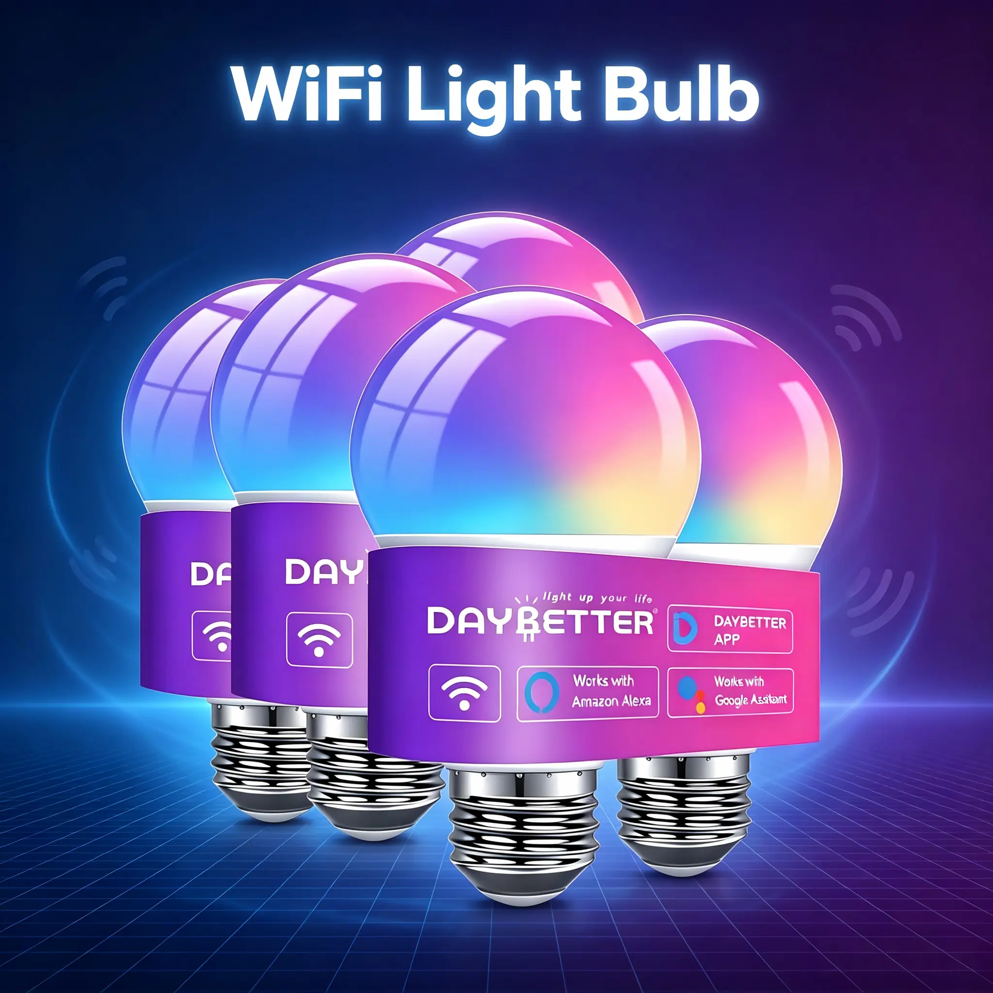 DAYBETTER WiFi Smart Light Bulbs - A19 Shape E26 9W (60W Equivalent) 2.4Ghz RGBW Dimmable Energy Efficient Indoor Bulbs with Remote & Voice Control, Ideal for Bedroom, Living Room