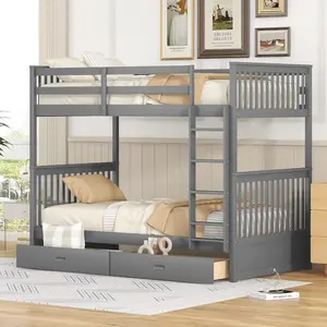 Twin Over Twin Bunk Bed with Two Storage Drawers, Solid Wood Twin Size Bunk Bed with Guardrail and Ladder, Can be Converted Into 2 Separate Beds,, for Bedroom, Dorm, Teens,Adults