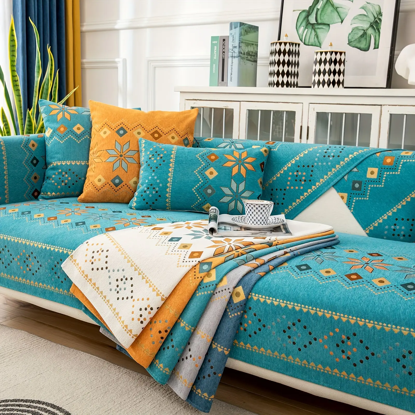 Boho Chenille Sofa Cover (Sold Separately), Non-Slip Geometric Sectional Couch Cover, Sectional Furniture Protector for Pets