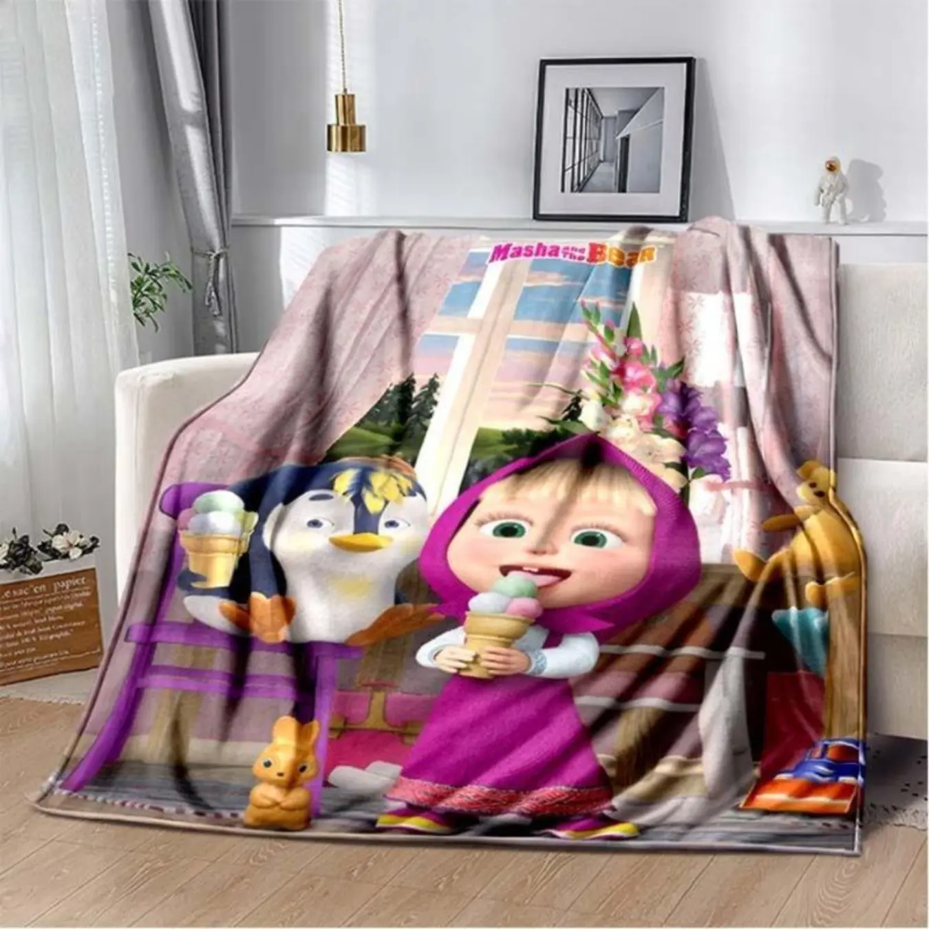 3D Masha And Bear Blanket Cute Cartoon Print Soft Flannel Plush Kids Throw For Bedroom Nursery Decor Gift Single-sided