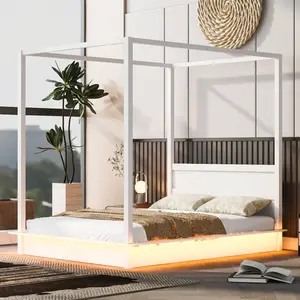 Queen/King Size LED Canopy Bed , Wood Canopy Platform Bed Frame With Support Slats, No Box Spring Needed, White