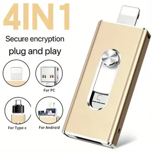4-in-1 USB 3.0 Flash Drive, Portable Flash Drive for iPhone & Type-C & Android & PC, External Storage Drive 64GB/128GB/256GB/512GB/1TB, Plug and Play with App, Backup Photos and Videos, USB Thumb Drive, Christmas Gift for Boyfriend & Husband