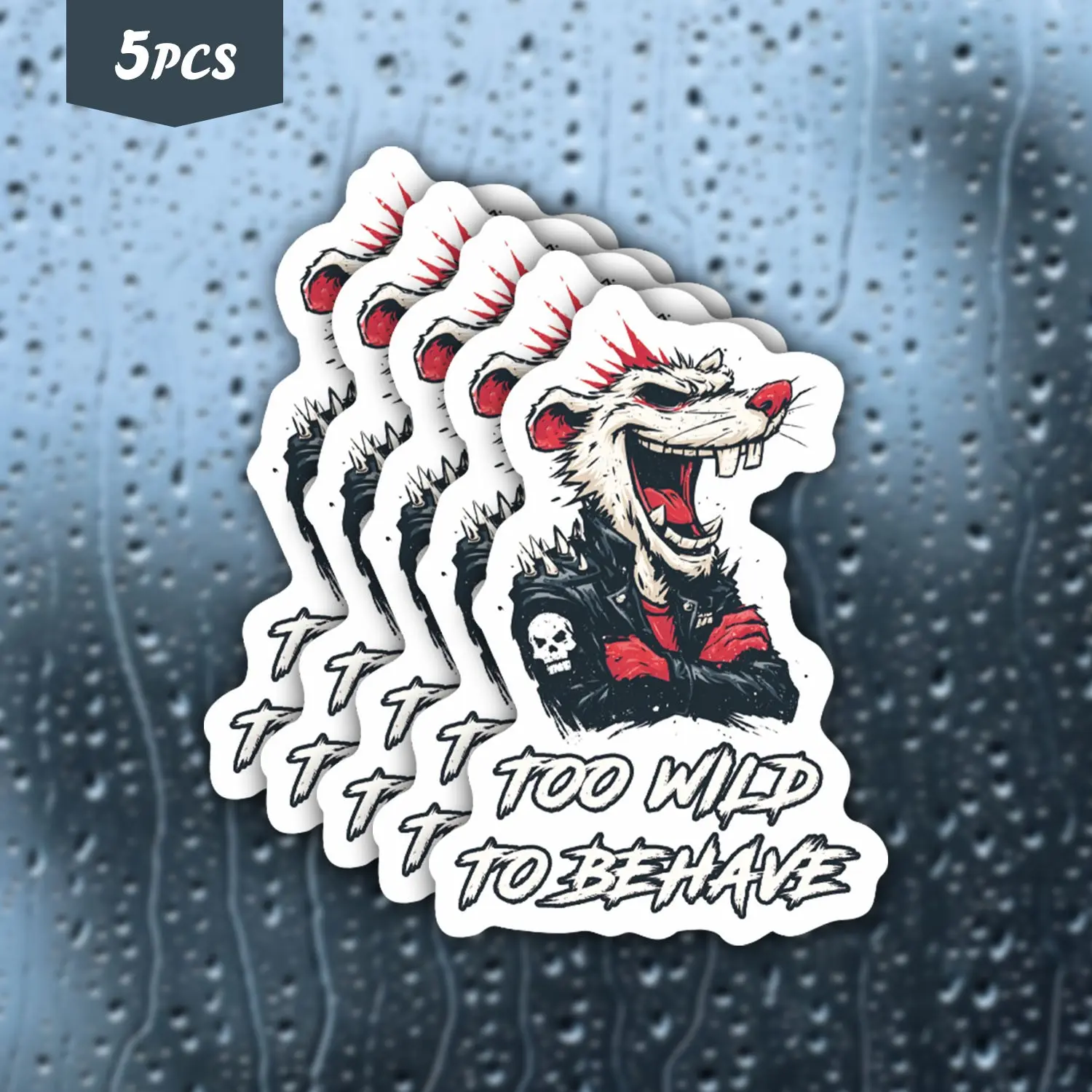 5Pcs Wild Rebel Rat "Too Wild To Behave" Waterproof Vinyl Sticker, Self-Adhesive Decal, Suitable For Water Bottles, Laptops, Cars, Tablets, Ideal For Punk Style Lovers, Animal Meme Fans And Rebellious Individuals
