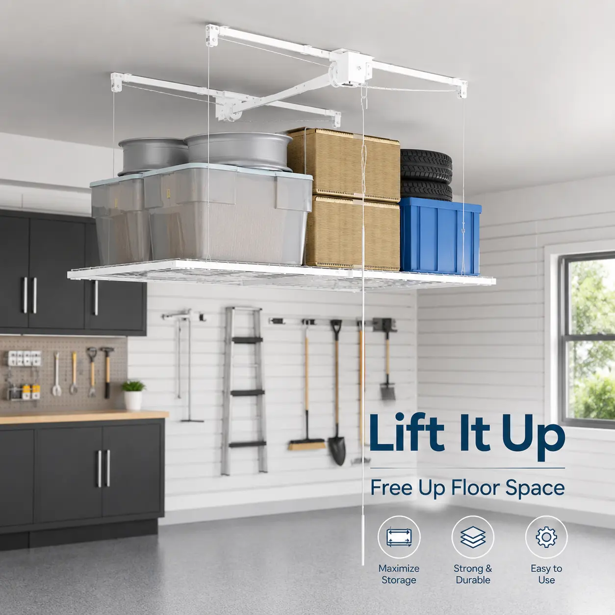 All-Steel Ceiling Mount Overhead Garage Storage Rack Organiser, 4x8ft Size for 10-12ft High Ceilings, 350lb Capacity with Safety Lock