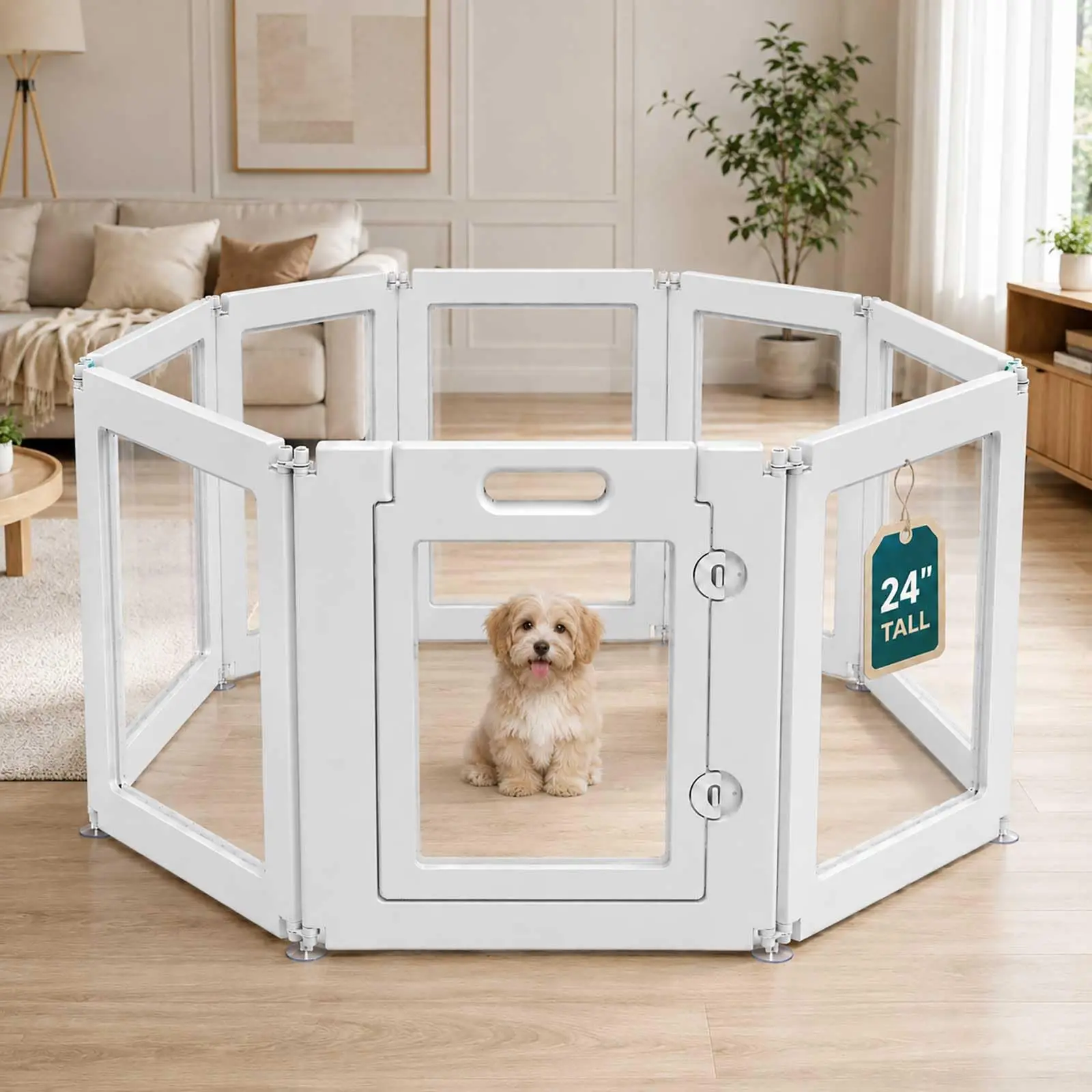 Clear Acrylic Dog Playpen 8 Panel 24 Inch Indoor Puppy Pen with Door See Through Transparent Pet Fence 360 Degree Rotating Connectors Anti Slip Suction Cups Sturdy No Escape Easy Assembly for Small Dogs Cats Rabbits