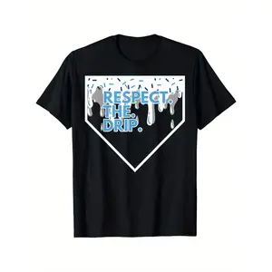 Boys' Baseball Drip Ice Cream Spinkle T-Shirt - Pure Cotton, Breathable & Moisture-Wicking, Black with Blue "RESPECT THE DRIP" Graphic, Casual Streetwear Summer Tee, Perfect Gift for Youngsters, Youth Baseball Tshirts