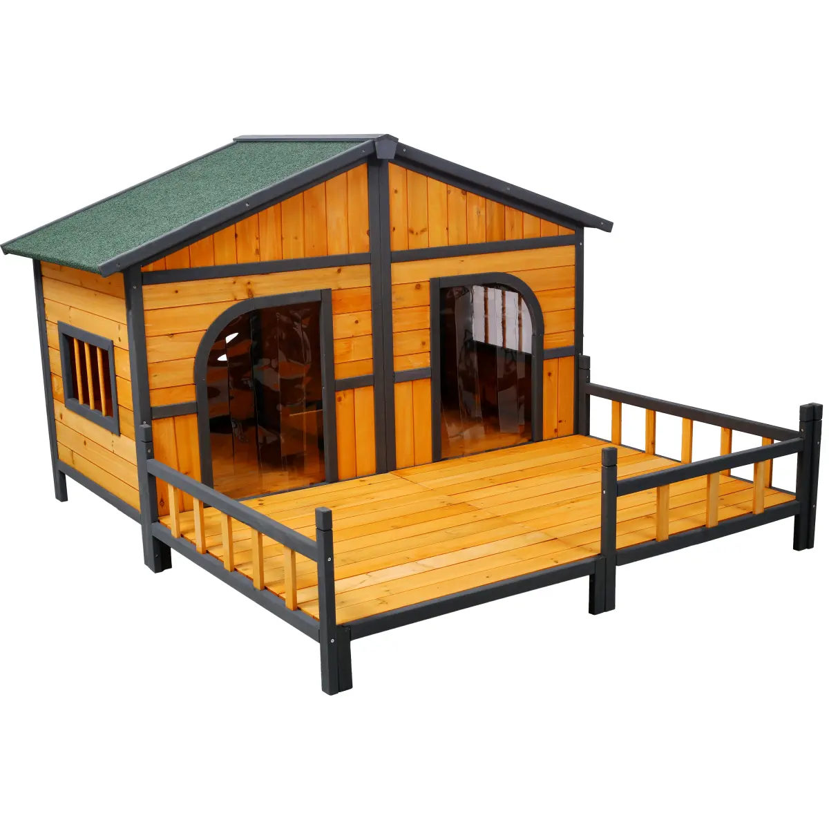 [Bellemave] Wooden Large Dog House with Porch, Weatherproof Outdoor Double XL Dog Kennel with Elevated Floor for Small Medium Breeds
