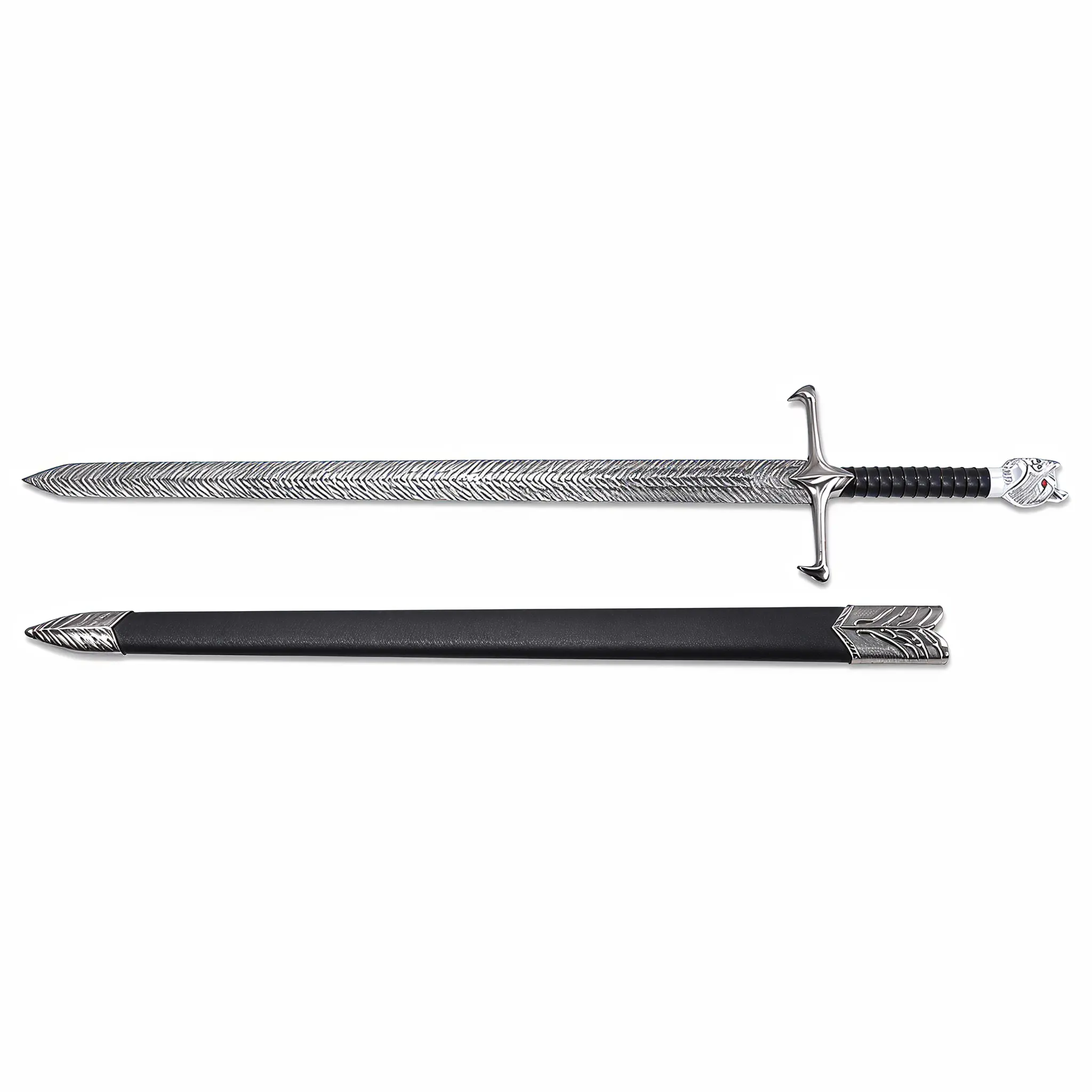 3.7ft White Wolf King Inspired Blunt Damascus Pattern Bastard Sword, Medieval Fantasy Cosplay Prop Toy Sabre with Scabbard