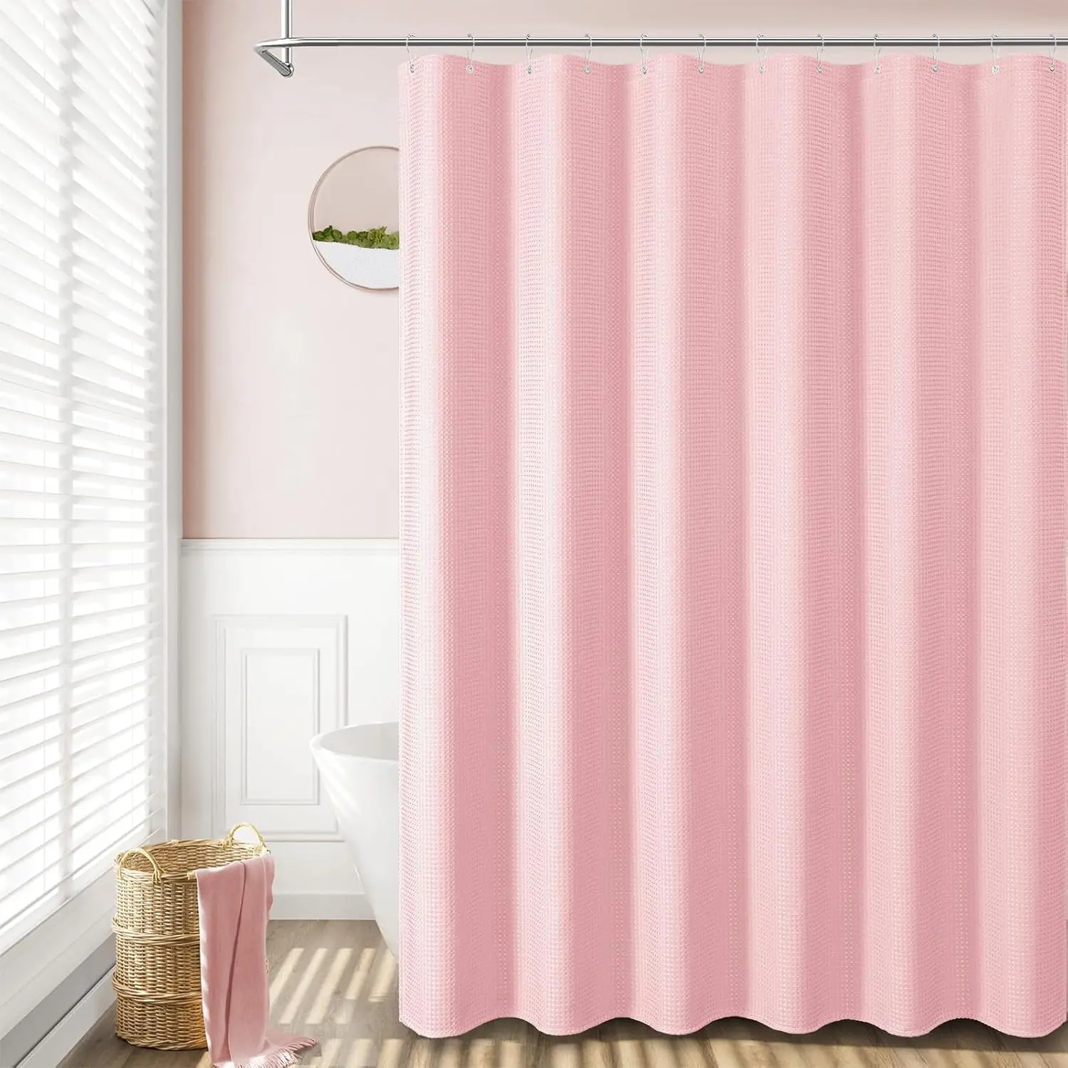 1-Piece Traditional Lightweight Polka Dot Washable Polyester Shower Curtain Set, Water-Repellent Textured Bathroom Curtain with 12 White Plastic Hooks for Luxury Bathrooms