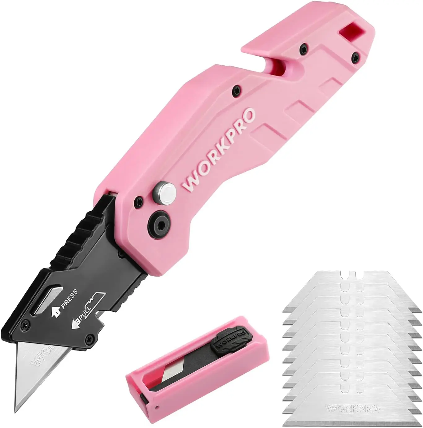 Folding Knife, Quick Change Box, Pink Razor Knife for Cartons, Cardboard, Boxes, 10 Blades Included - Pink Ribbon