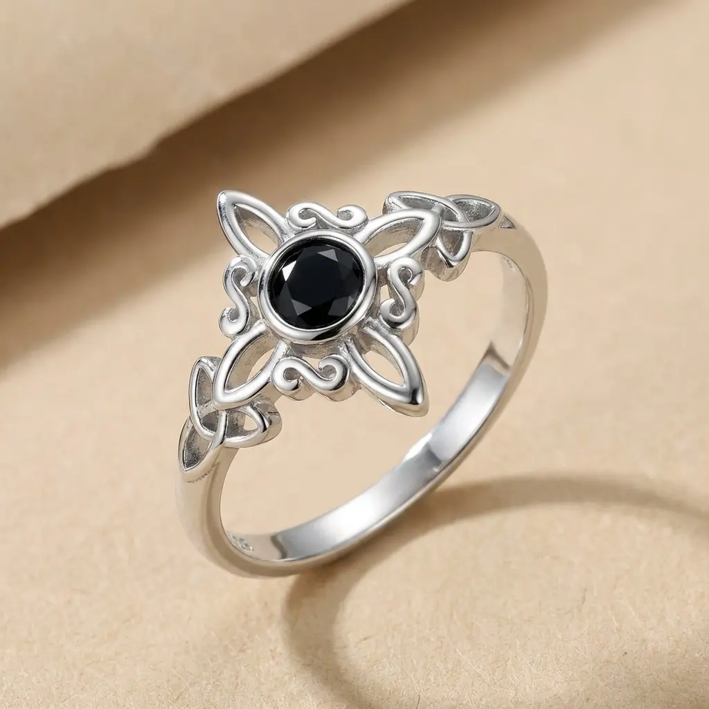 Women's Vintage Black Stone Witchcraft Ring - Celtic Floral Design, Adjustable Size, Everyday Ring, Meaningful Gifts, Daily Wear Costume Jewelry, Floral Design Ring