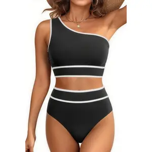 Holipick Women's One Shoulder Bikini Set High Waisted Bathing Suit Color Block Two Piece Swimsuit for Girls, Teens, Juniors, Ladies, Moms, Vacations, Parties, Beach Outings, Pool Gatherings