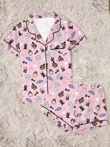 Healing Forest Spirit, Coastal Girl & Fish, Magical Girl & Black Cat, Women's Pajama Set, Loungewear, Two-Piece Sleepwear, Short Sleeve Button-Up Top & Elastic Shorts, Casual Home Wear, Party Gift