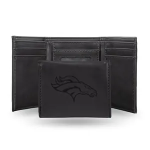 212 MAIN Men's Black Faux Leather Trifold Plain Men's Wallet - Laser Engraved Team Logo for Denver-Based Professional Football Franchise, Plain Men's Wallets