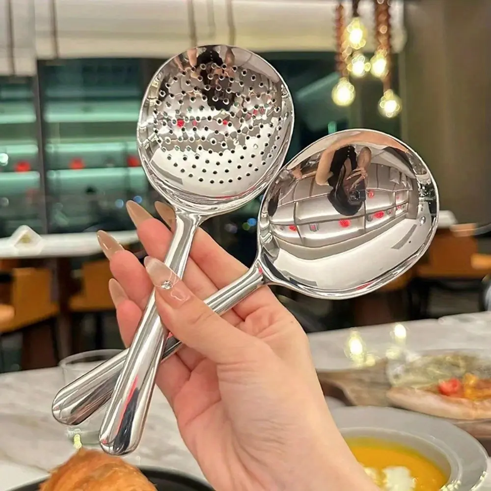 2 Piece Set Kitchen Spoon with Drain Holes, Heat Resistant Short Handle for Home and Restaurant Use, Durable 410 Stainless Steel Utensils, Kitchenware Ladle, Spoons Set