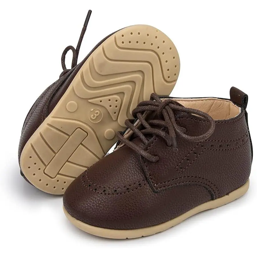 Brogue Oxford PU Leather Lace-Up Toddler Formal Flats - Soft Rubber Sole, Prewalker Toddler Shoes, Wedding Shoes, Birthday Present for Baby Boys & Girls