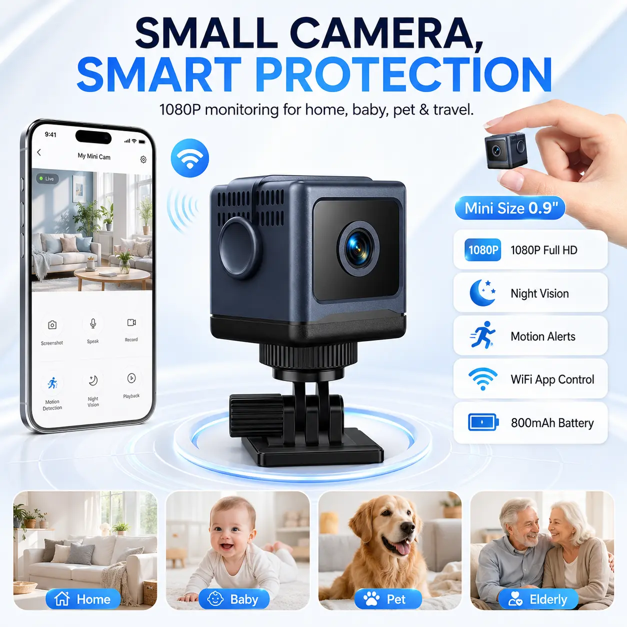 Mini WiFi Security Camera, 1080P HD Night Vision Wireless Tiny Camera, Bluetooth Quick Connect Home Surveillance Cam with Motion Detection Baby Cry Alert, Loop Recording Built-in Battery Magnetic Mount Nanny Cam for Indoor Home Pet Monitoring, Wireless Ca