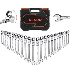 【FathersDayGift】VEVOR Flex-Head Ratcheting Wrench Set, 24-Piece SAE and Metric, 72 Teeth, Cr-V Steel Ratchet Flexible Combination Wrench Set with Storage Case, for General Household and Automotive Repairs, Silver