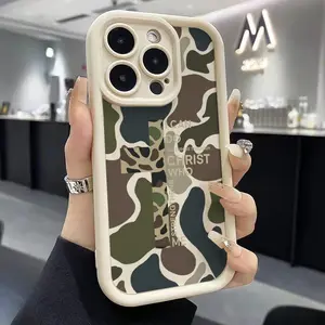Camouflage Pattern With Cross Phone Case Iconic Christian Faith Artwork Featuring A Thickened Soft Tpu Back And Raised Camera Step Design Blending Cloud-Like Comfort With Reliable Lens Protection For iPhone 17 16 15 14 13 12 11 X XS